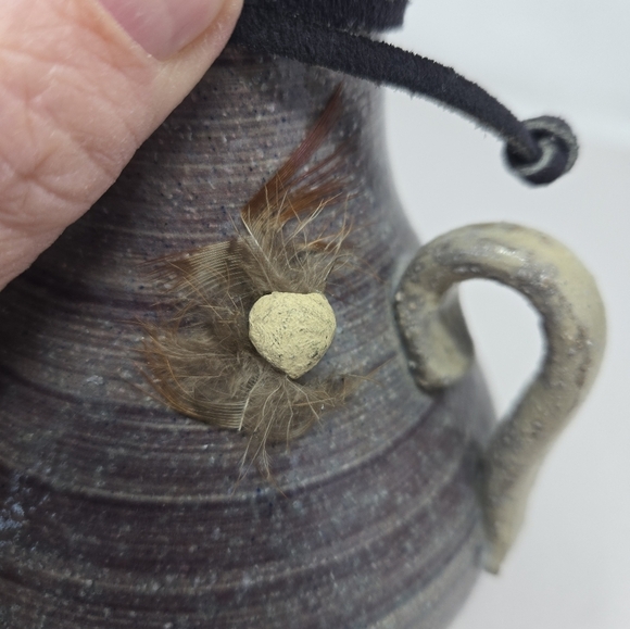 Studio Art Handmade Small Medium Vase Purple Gray Tan Feather Leather Tie - Picture 8 of 12